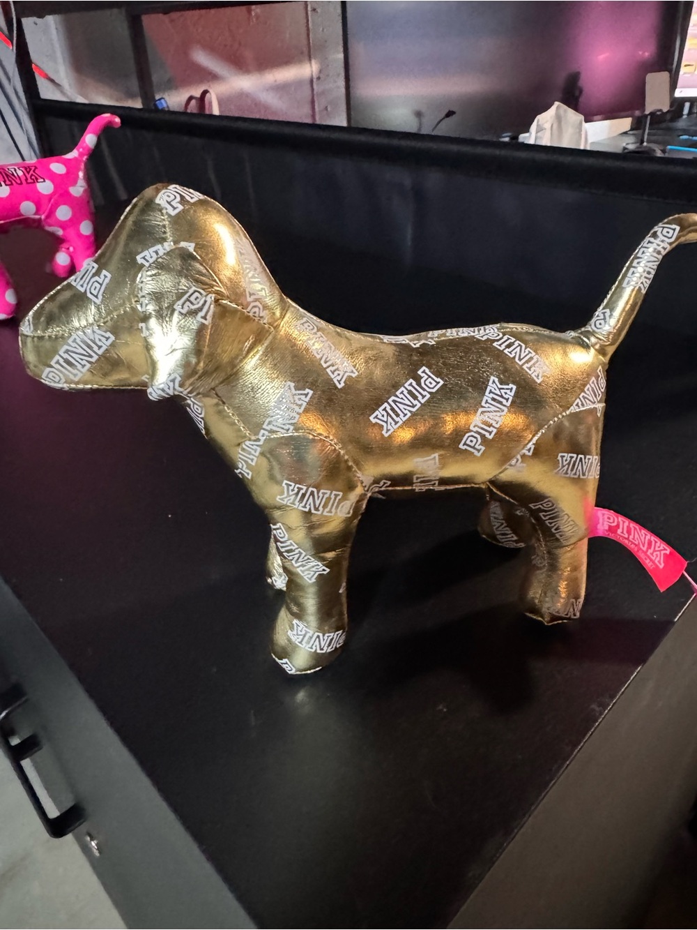 PINK Victoria's Secret Metallic Gold Puppy Figurine with Pink Tag